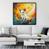 Vibrant diamond painting of a whimsical creature above a modern white sofa in a cozy living room.