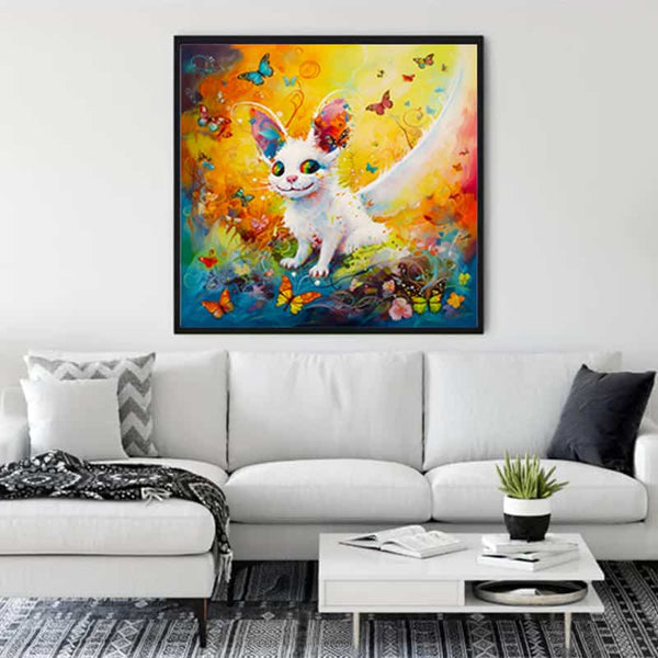 Vibrant diamond painting of a whimsical creature above a modern white sofa in a cozy living room.