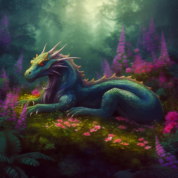 Enchanting green dragon resting in a mystical forest surrounded by vibrant pink and purple flowers.