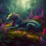 Enchanting green dragon resting in a mystical forest surrounded by vibrant pink and purple flowers.