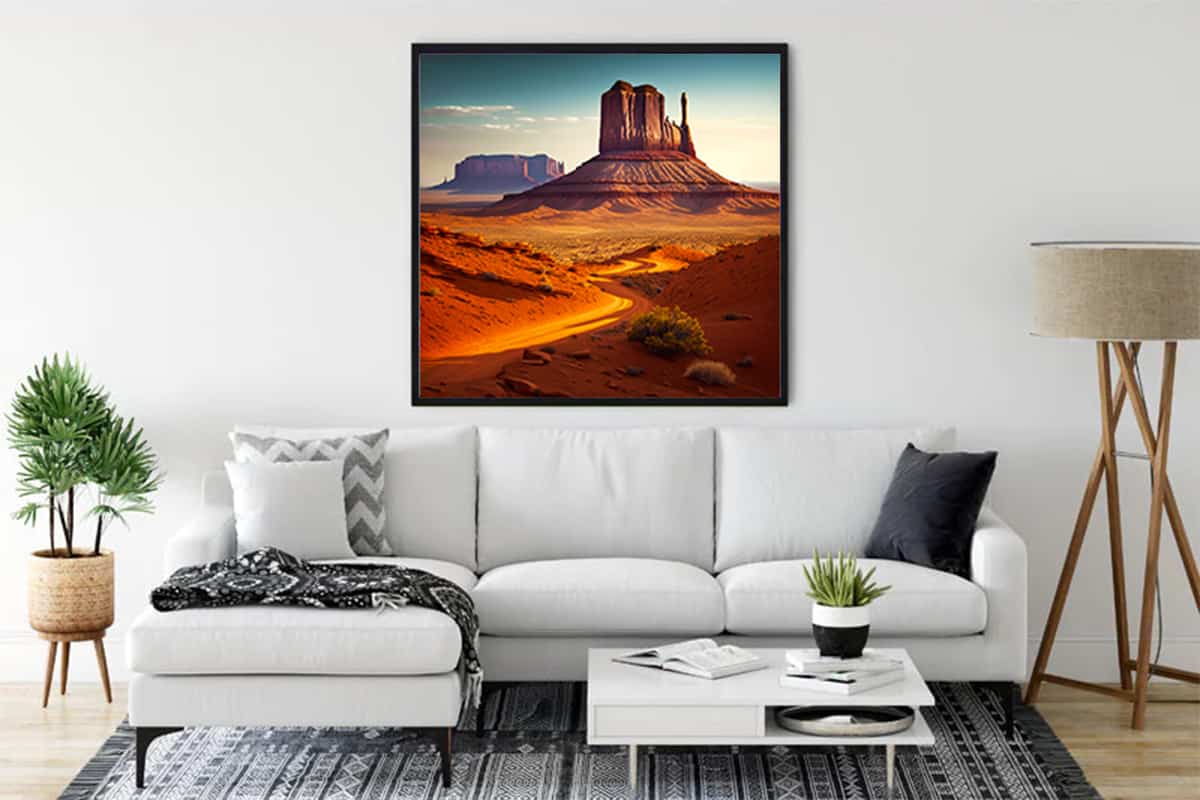 Wall art featuring southwestern desert landscape hung above a white sofa, ideal for Paint by Numbers diamond painting kits