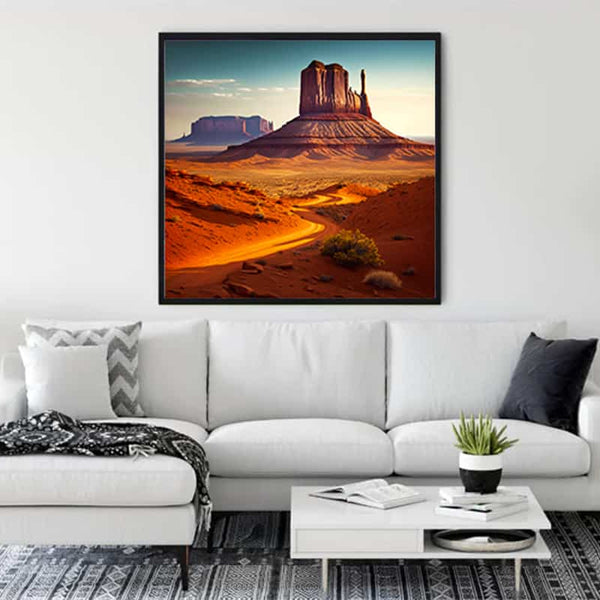 Wall art featuring southwestern desert landscape hung above a white sofa, ideal for Paint by Numbers diamond painting kits