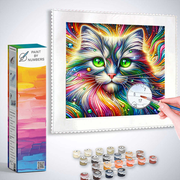 Diamond painting kit featuring a colorful cat with green eyes, part of a paint by numbers collection, showcasing vibrant, fantasy-inspired art.