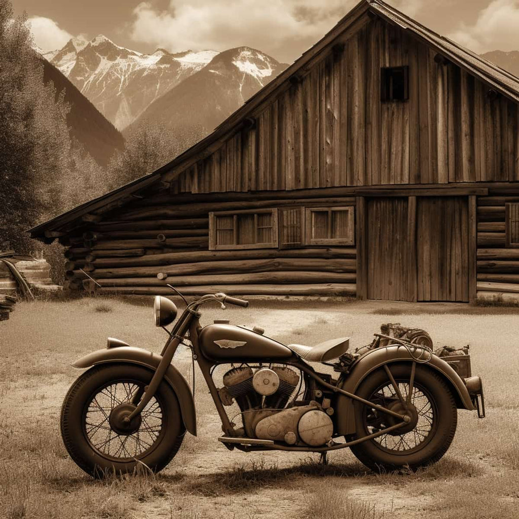 Vintage motorcycle in front of rustic cabin with mountain backdrop