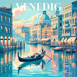 Paint by Numbers - Longing for Venice depicting a romantic gondola ride through Venice's canals with historic buildings and vibrant colors.