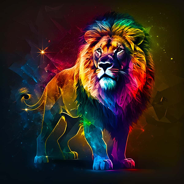 Neon lion in space diamond painting kit - vibrant paint by numbers art with sparkling enhanced acrylic diamonds and professional tools.
