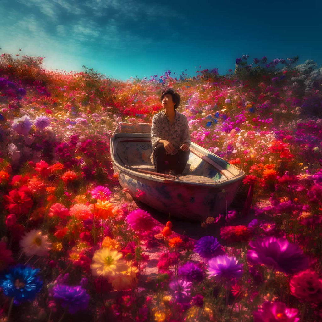 Diamond Painting - Boot im Blumenfluss - gedruckt in Ultra-HD - Blumen, Neu eingetroffen, Quadratisch, Schiff, Schiffe