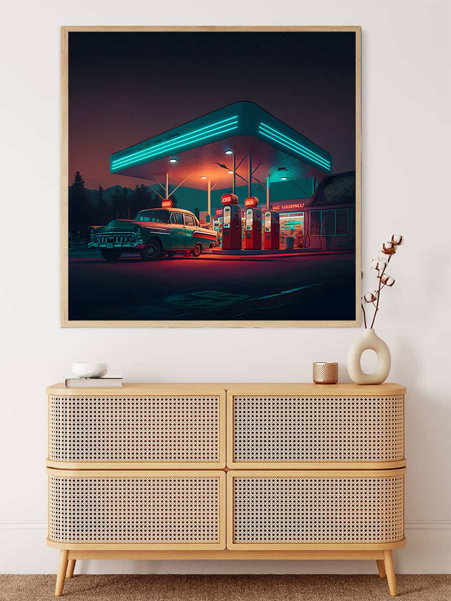 AB Diamond Painting - Route 66 Gas Station on display above wooden dresser, Paint by Numbers art kit, vintage neon-lit gas station scene.