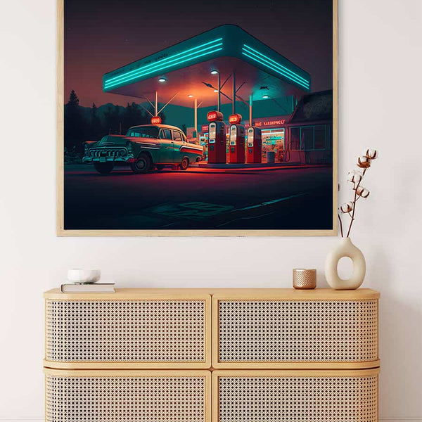 AB Diamond Painting - Route 66 Gas Station on display above wooden dresser, Paint by Numbers art kit, vintage neon-lit gas station scene.