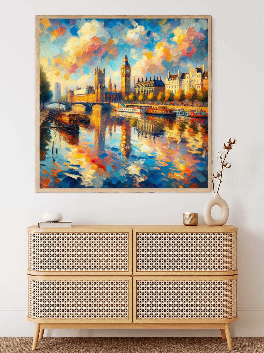 Paint by Numbers - River of Colors: London in the evening glow with impressionistic hues reflecting iconic architecture in the Thames