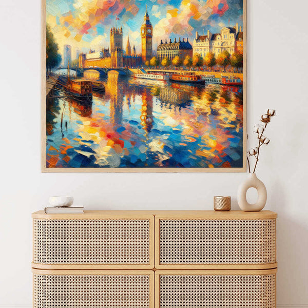 Paint by Numbers - River of Colors: London in the evening glow with impressionistic hues reflecting iconic architecture in the Thames