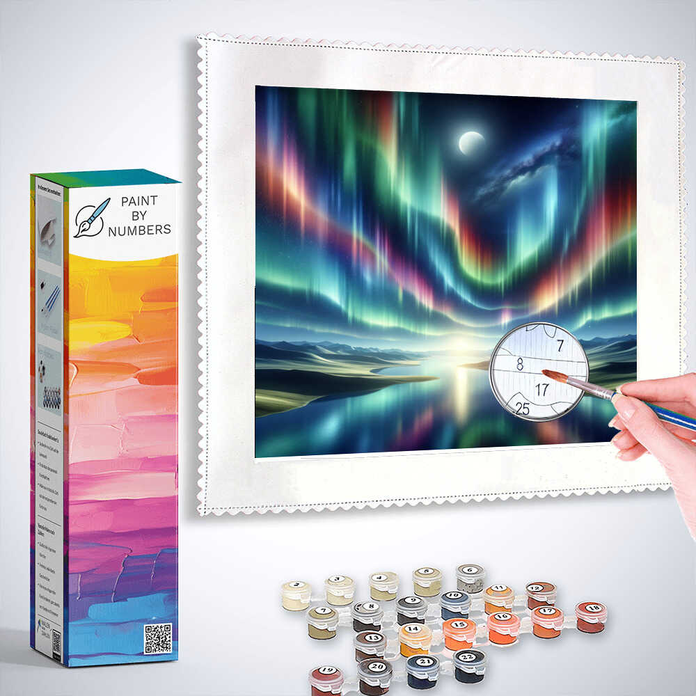 Paint by Numbers - Northern Lights of Silence kit showing vibrant aurora over serene lakes and hills, with paint colors and canvas.