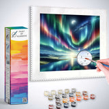 Paint by Numbers - Northern Lights of Silence kit showing vibrant aurora over serene lakes and hills, with paint colors and canvas.