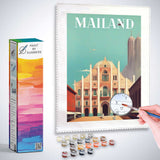 Paint by Numbers - Dreamy times in Milan kit with painting, paint tubes, and brushes.