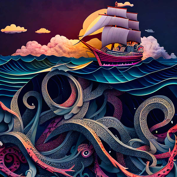 Diamond Painting - Rough Sea Paperart Blue with ship battling waves, octopus tentacles, and vibrant sunset background, Paint by Numbers kit