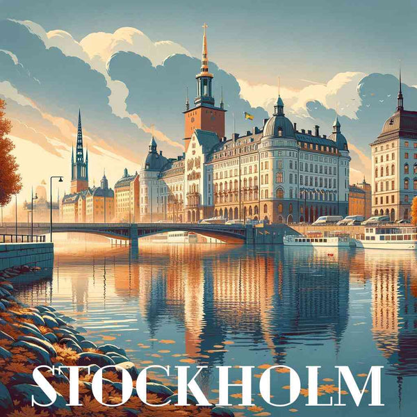 Paint by Numbers - Autumn splendor over Stockholm historic buildings reflecting in calm river with warm golden, orange, and turquoise tones.