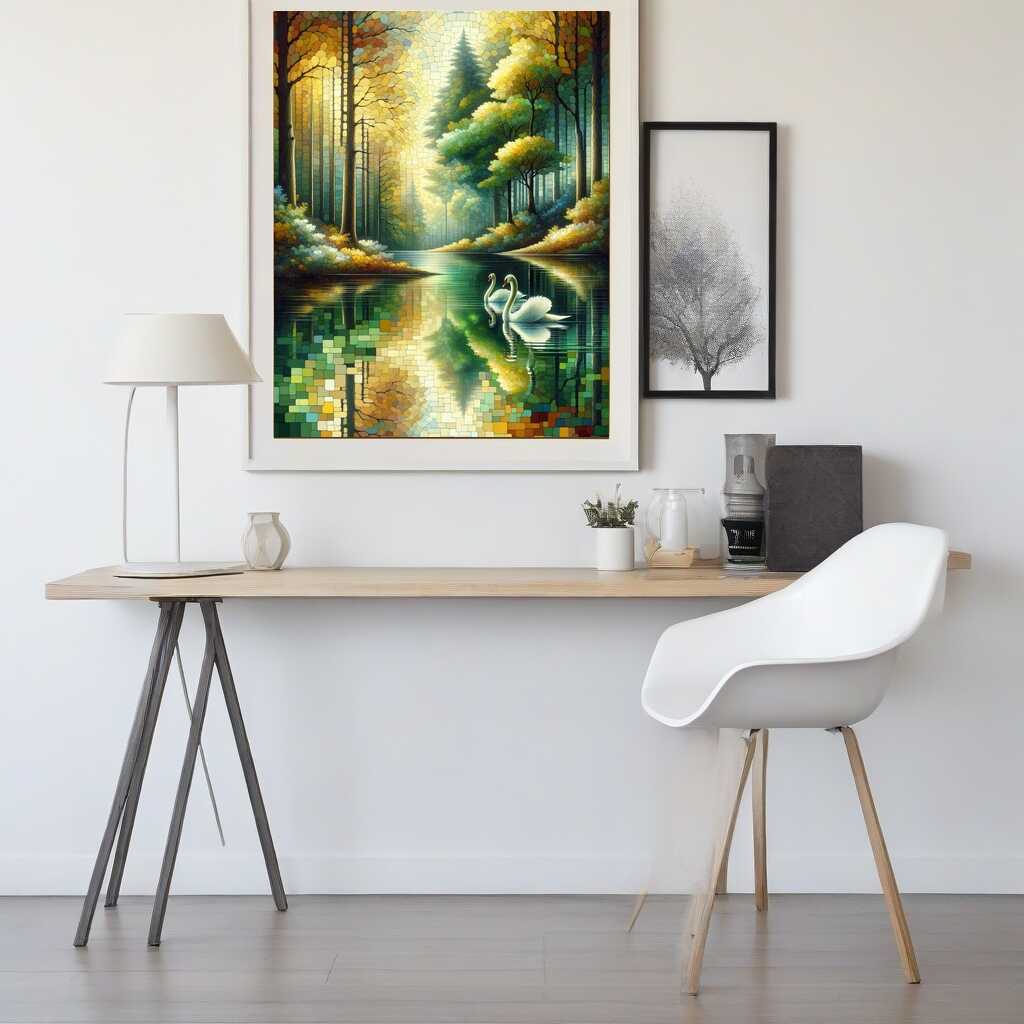 Forest, swans in lake
