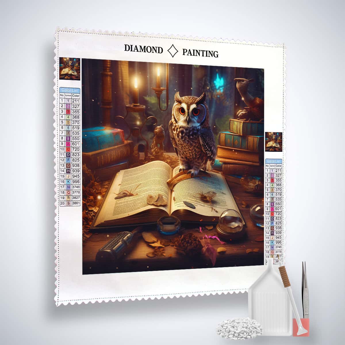 Diamond Painting - Owl with Book and Candles on Canvas, Paint by Numbers Kit with Tweezers, Application Pen, and Acrylic Diamonds