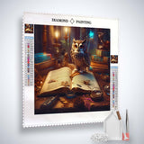 Diamond Painting - Owl with Book and Candles on Canvas, Paint by Numbers Kit with Tweezers, Application Pen, and Acrylic Diamonds