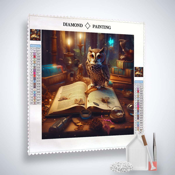 Diamond Painting - Owl with Book and Candles on Canvas, Paint by Numbers Kit with Tweezers, Application Pen, and Acrylic Diamonds