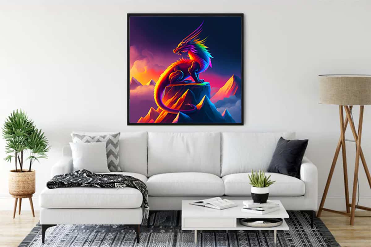 Dragon Warrior Diamond Painting - vibrant art piece on canvas displayed in modern living room, part of Paint by Numbers kits.