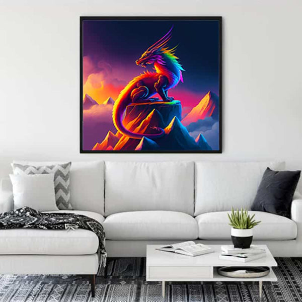 Dragon Warrior Diamond Painting - vibrant art piece on canvas displayed in modern living room, part of Paint by Numbers kits.