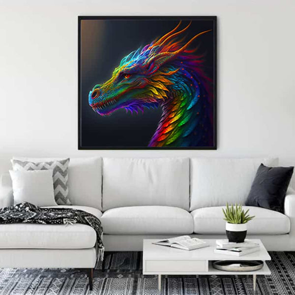 Wall art featuring a vibrant rainbow-colored dragon displayed above a modern white sofa in a contemporary living room.