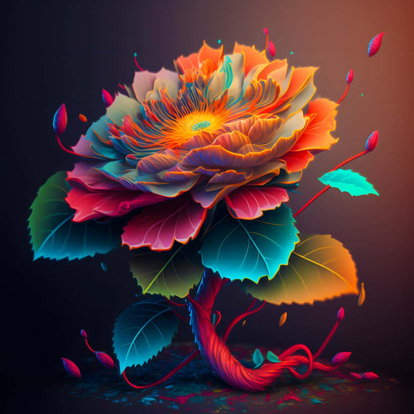 Vibrant digital artwork of large sunshine flower with multi-colored petals and lush green leaves, reminiscent of diamond painting designs