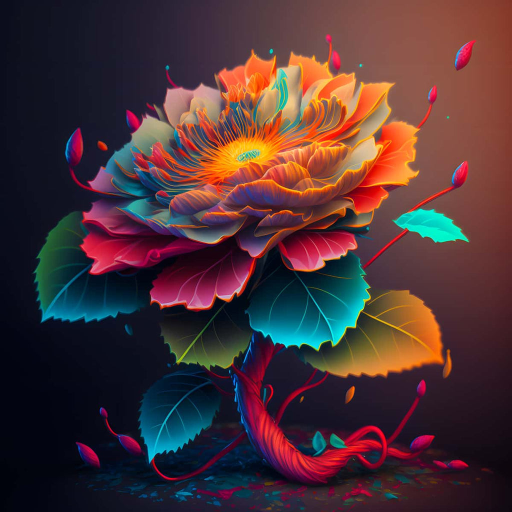 Vibrant digital artwork of large sunshine flower with multi-colored petals and lush green leaves, reminiscent of diamond painting designs