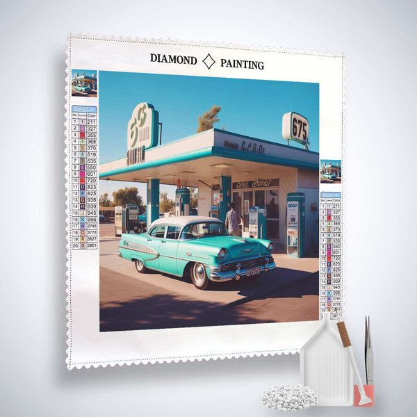 Diamond Painting Kit - Golden Era of the Automobile, Classic Car at Vintage Gas Station. Complete Paint by Numbers Art Set.
