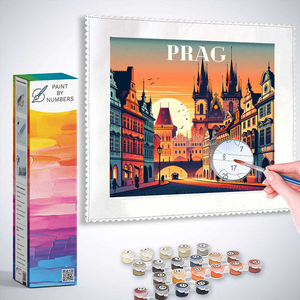 Paint by Numbers kit for Dusk in Prague featuring Gothic towers, vibrant colors, and a romantic cityscape at sunset