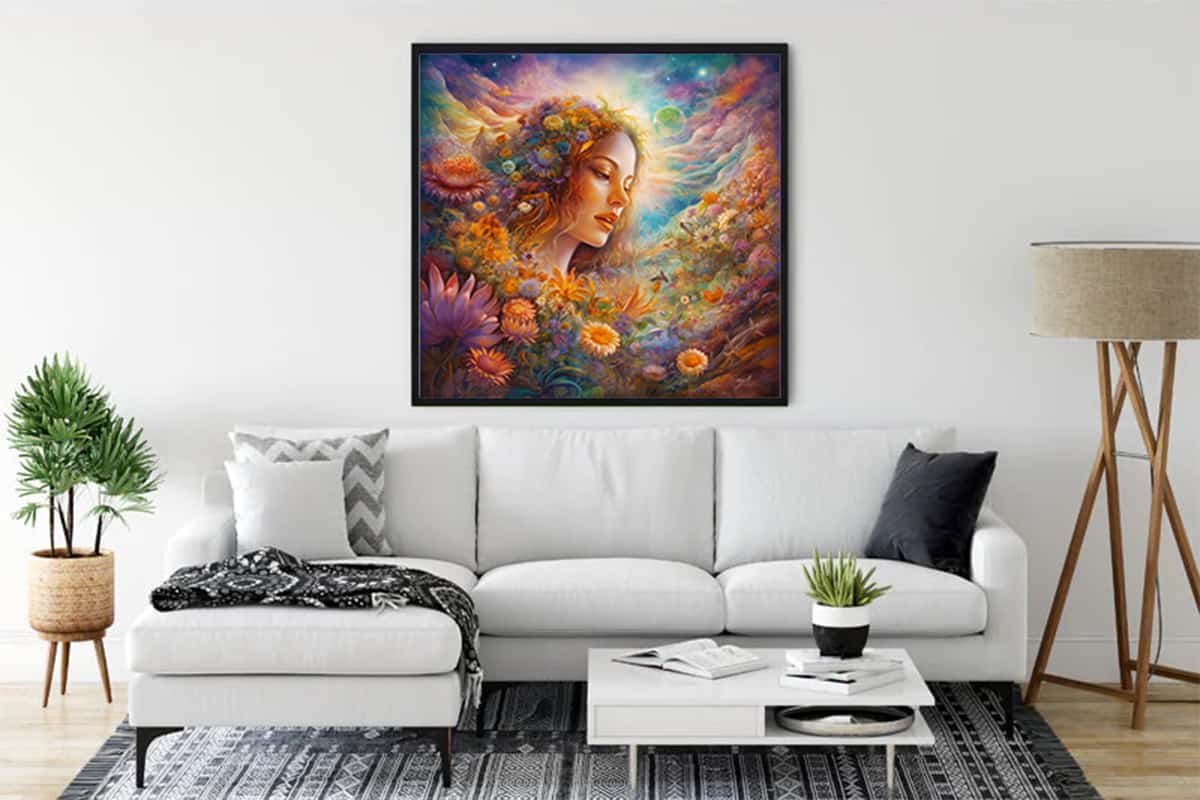 Diamond Painting Flower Girl in Garden framed on living room wall, paint by numbers, art on canvas with vibrant flowers and dreamy background