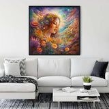 Diamond Painting Flower Girl in Garden framed on living room wall, paint by numbers, art on canvas with vibrant flowers and dreamy background
