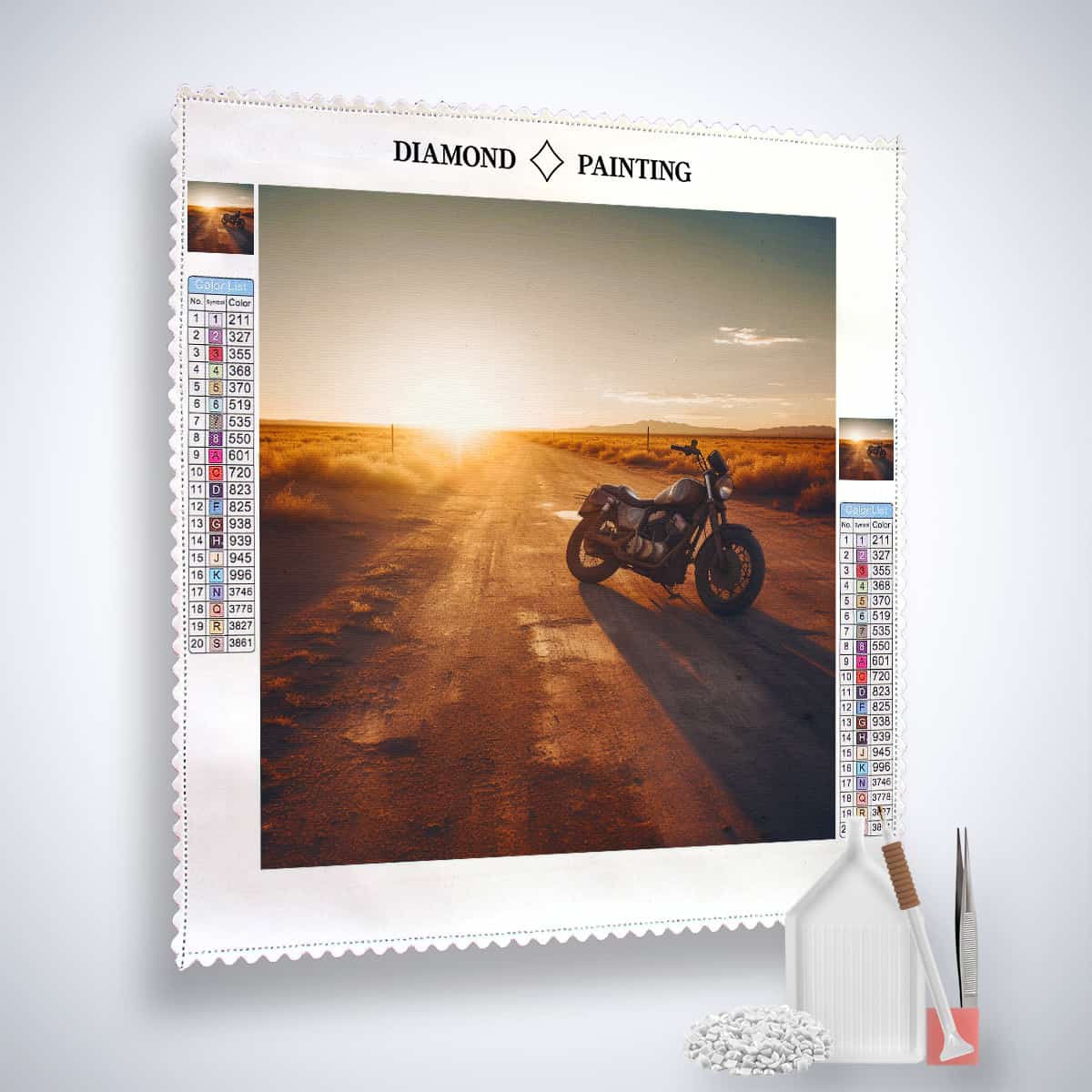 Diamond Painting Kit - Race track racer motorcycle at sunset with tools and materials for a sparkling Paint by Numbers artwork