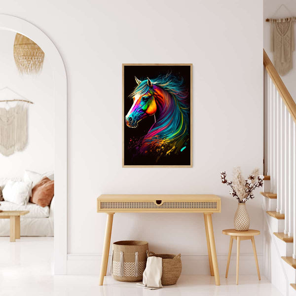 Vibrant AB Diamond Painting of a colorful horse displayed in a modern living space - Perfect Paint by Numbers decorative art.