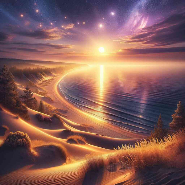 Paint by Numbers - Starry night over the dune bay with a sunset, illuminated stars, soft dunes, pine trees, and a tranquil bay.