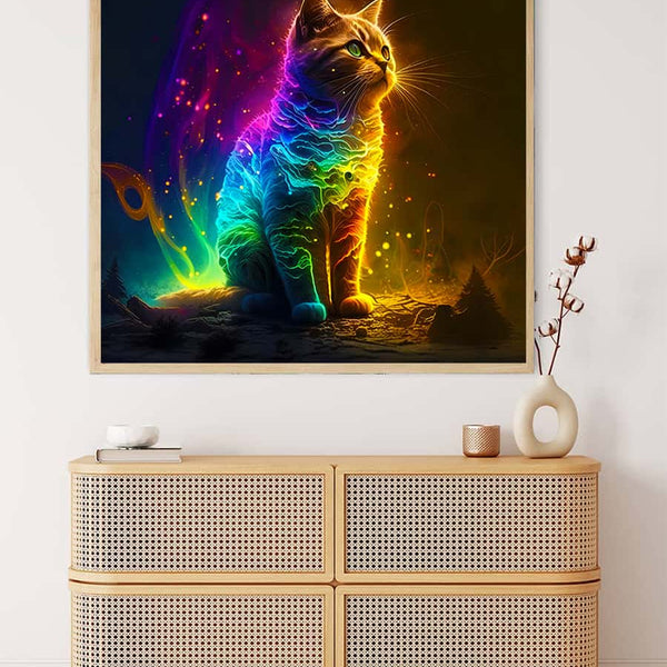 Malen nach Zahlen - Neon Katze im Weltall - hochwertige Leinwand - 170523, Katze, Neu eingetroffen, Quadratisch, Tiere