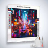 Diamond Painting Kit - City Night in Neon Lights with Cars on Rainy Street, Includes Professional Canvas, Acrylic Diamonds, Tweezers, Application Pen