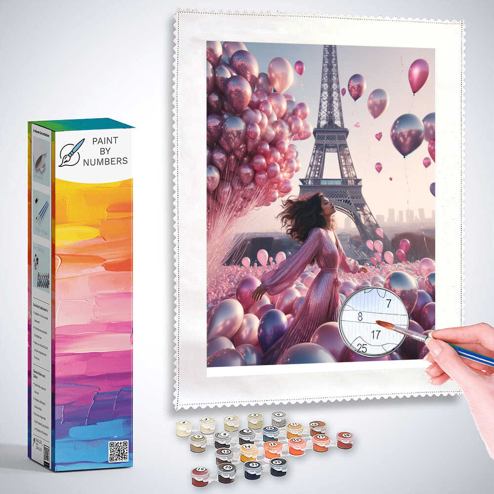 Woman with balloons, Eiffel Tower - Paint by Numbers