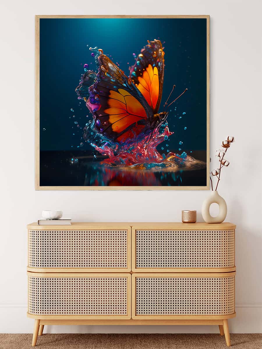 AB Diamond Painting - Butterfly bathes, a vibrant Paint by Numbers kit, displayed above a modern rattan dresser in stylish home decor.