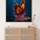 AB Diamond Painting - Butterfly bathes, a vibrant Paint by Numbers kit, displayed above a modern rattan dresser in stylish home decor.
