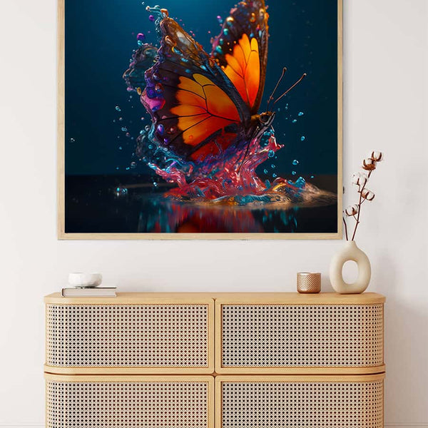 AB Diamond Painting - Butterfly bathes, a vibrant Paint by Numbers kit, displayed above a modern rattan dresser in stylish home decor.