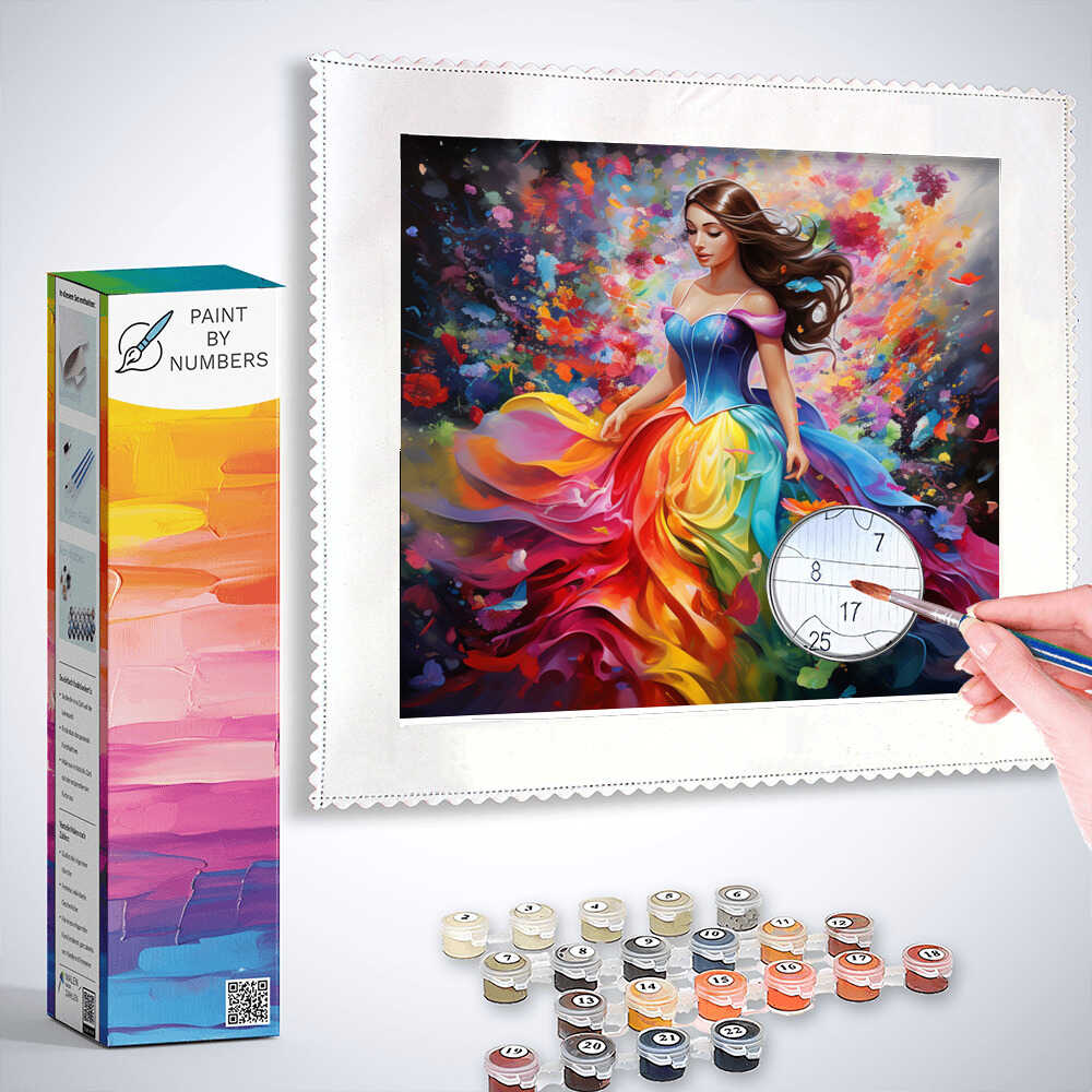 Paint by Numbers kit featuring an elegant, colorful figure in a flowing kaleidoscopic dress against a vibrant background.