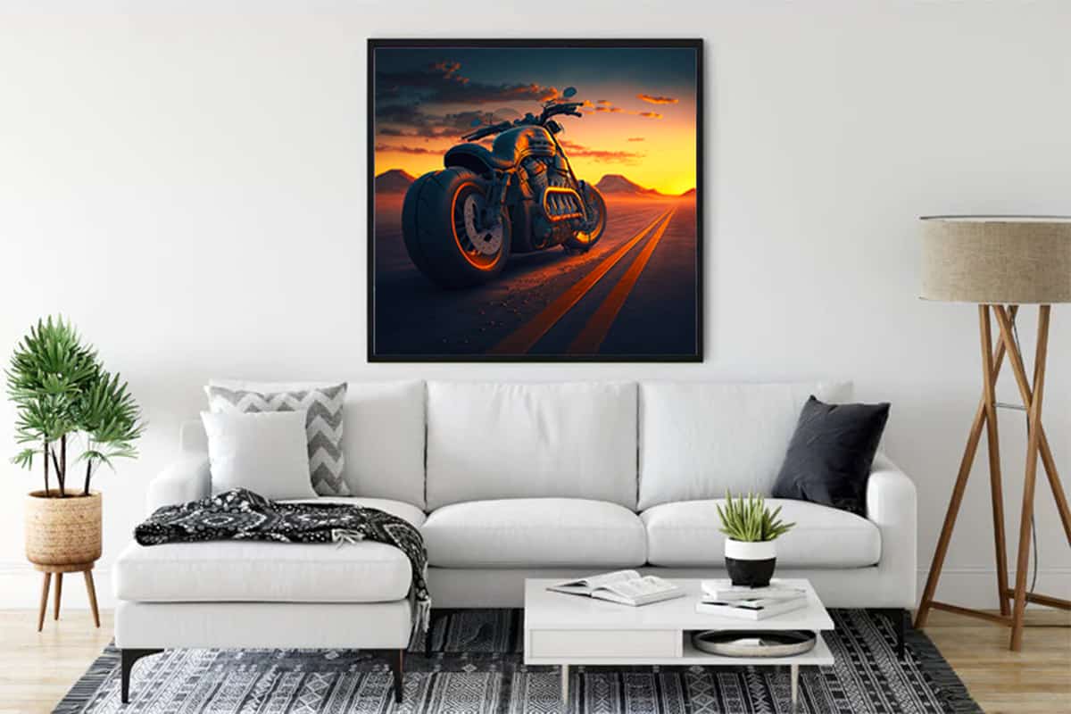 Diamond Painting Classic Cruiser Paint by Numbers kit displayed on a modern living room wall above a white sofa.