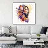 Living room interior with a framed Mystical Beauty diamond painting, showcasing vibrant colors and intricate details, above a modern sofa.