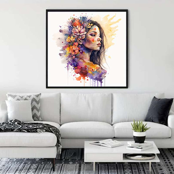 Living room interior with a framed Mystical Beauty diamond painting, showcasing vibrant colors and intricate details, above a modern sofa.