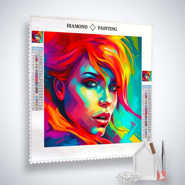 Diamond Painting Kit featuring abstract woman in vibrant colors, complete with enhanced acrylic diamonds, professional tools for Paint by Numbers.