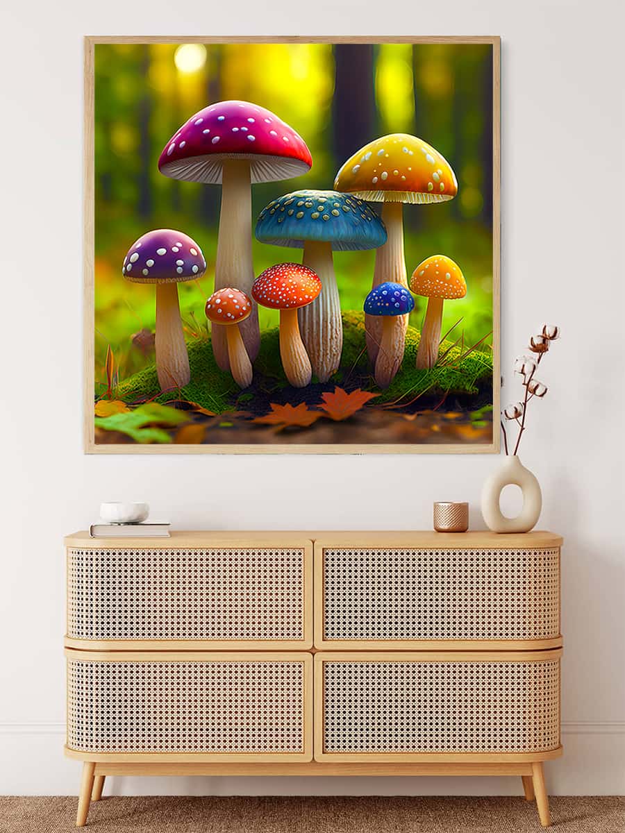 AB Diamond Painting of colorful forest mushrooms on canvas, perfect for paint by numbers art projects.