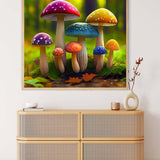 AB Diamond Painting of colorful forest mushrooms on canvas, perfect for paint by numbers art projects.