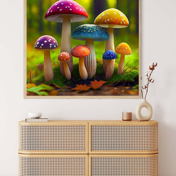AB Diamond Painting of colorful forest mushrooms on canvas, perfect for paint by numbers art projects.